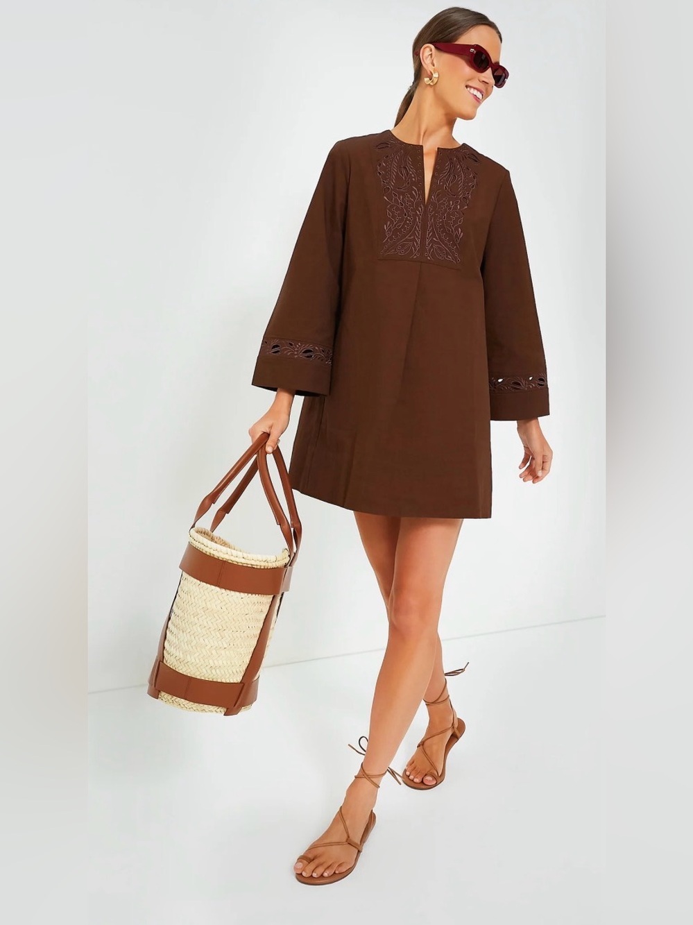Tuckernuck Brown Embroidered Eyelet Tunic, Small, Boho Chic, Minimalist, Cottage